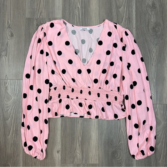 AFRM Pink Black Polka Dot Long Sleeve Peasant Top Ruched Waist Size L (Est.) - Picture 1 of 6